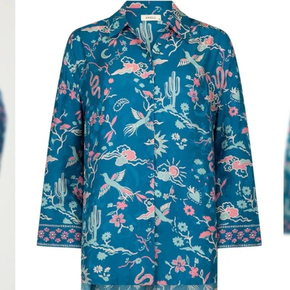 Spell NWT Desert BanditaCobalt Blue and Pink Floral Woven Button Down Shirt